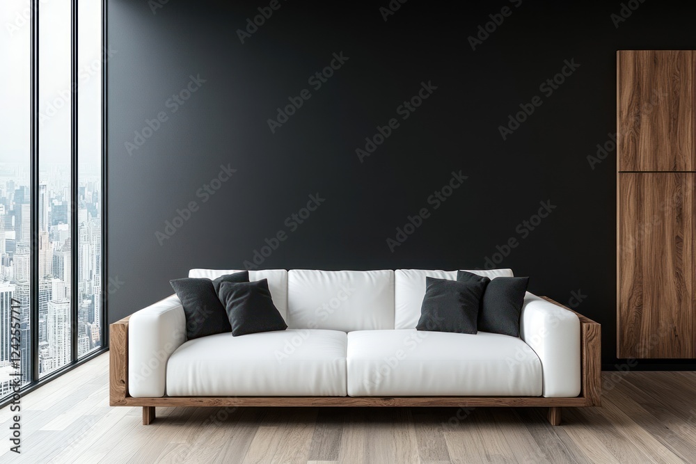 Fototapeta premium Modern white sofa in city view apartment, minimalist decor