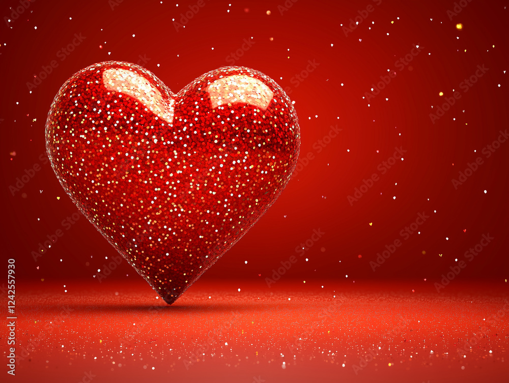 sparkling red heart on vibrant red background, perfect for Valentine Day celebrations. glittering texture adds festive touch to romantic theme sparkling red heart on vibrant red background, perfect for Valentine Day celebrations. glittering texture adds festive touch to romantic theme