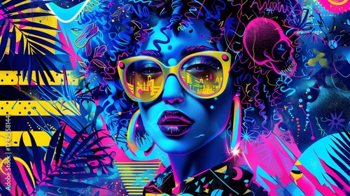 Retro collage with 80s pop culture icons, neon signs, and vibrant patterns