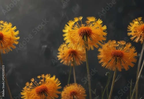 Vibrant yellow and orange hues of abstract dandelion flowers on a dark gray background , ArtisticFlowers, NatureInspiredArt, FloralArtistry photo