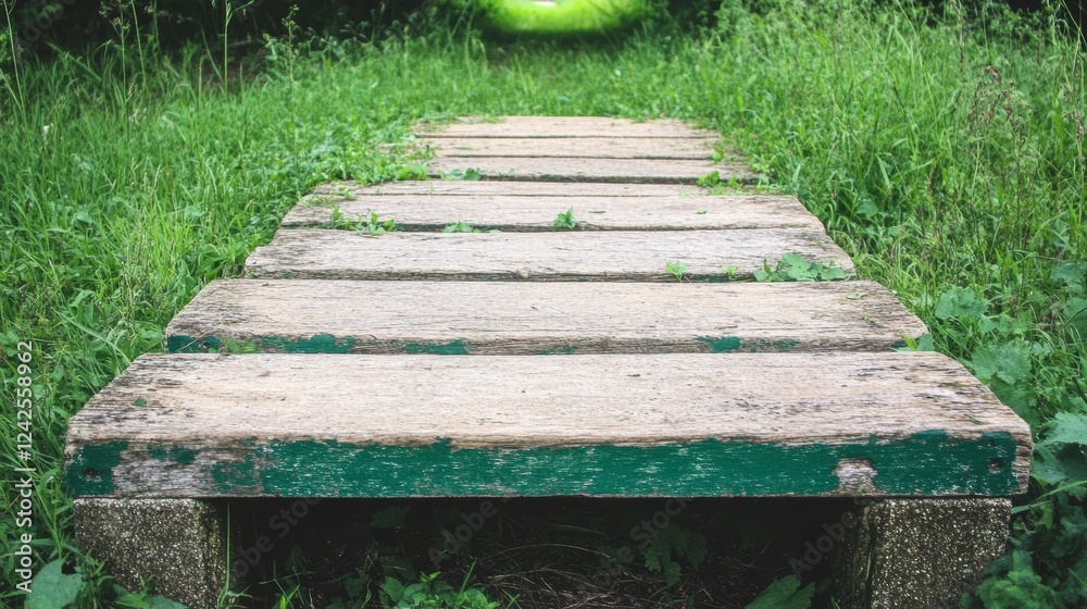 Rustic Wooden Path Through Lush Green Meadow Rustic Wooden Path Through Lush Green Meadow