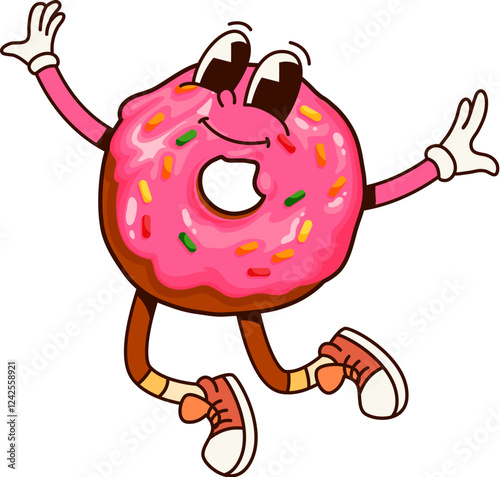Groovy breakfast dessert donut funny character. Sweet takeaway pastry funny character, street cafe dessert meal isolated groovy vector mascot. Tasty fastfood donut jumping and happy smiling personage