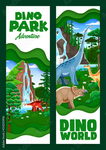 Dino park paper cut banners with prehistoric dinosaurs characters near waterfall. Cute jurassic dinosaurs vector personages 3d paper cut frame borders with prehistoric jungle trees and mountains