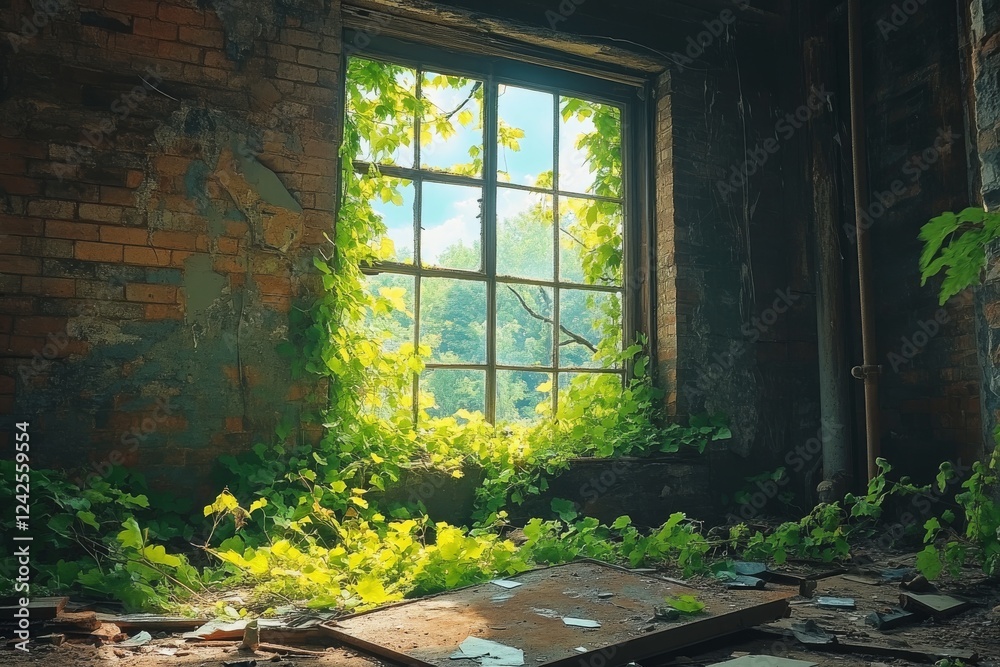 Obraz premium Sunlight filters through a broken window in an abandoned building overgrown with ivy and surrounded by nature