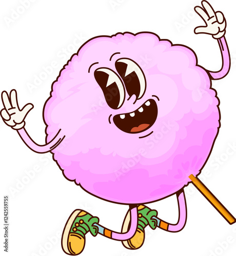 Fast food groovy cotton candy character. Amusement park or fairy sweet snack cute cartoon character, funny 60s 70s groovy isolated vector personage. Street cafe meal or cotton candy cheerful mascot