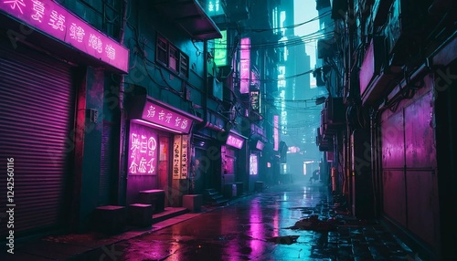 night street in the city A neon-lit alleyway in a cyberpunk city.
