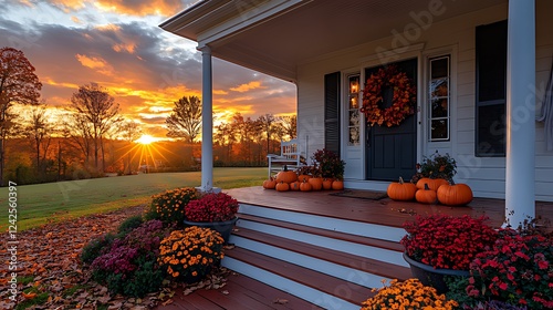 Autumn sunset, porch, pumpkins, fall decor, country home