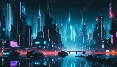A cyberpunk city skyline with glowing neon blue reflections.
