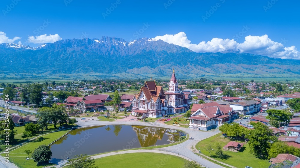 Obraz premium Scenic Asian Town with Traditional Architecture and Mountain View