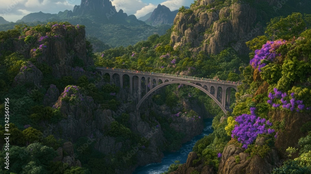Scenic Bridge Arching Over Lush Tropical Valley Scenic Bridge Arching Over Lush Tropical Valley