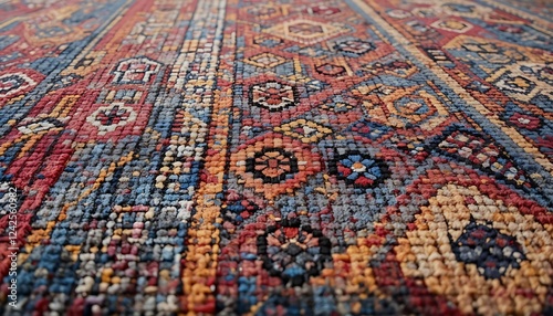 Close-up Detailed View of a Vibrant and Intricately Woven Persian Rug with Rich Colors and Traditional Patterns