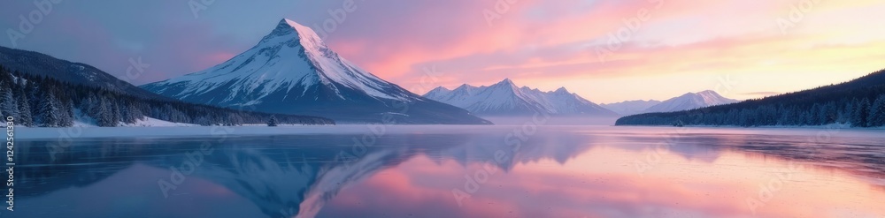 Serene mountain peak reflected in frozen lake at dawn, stillness, frozen water Serene mountain peak reflected in frozen lake at dawn, stillness, frozen water