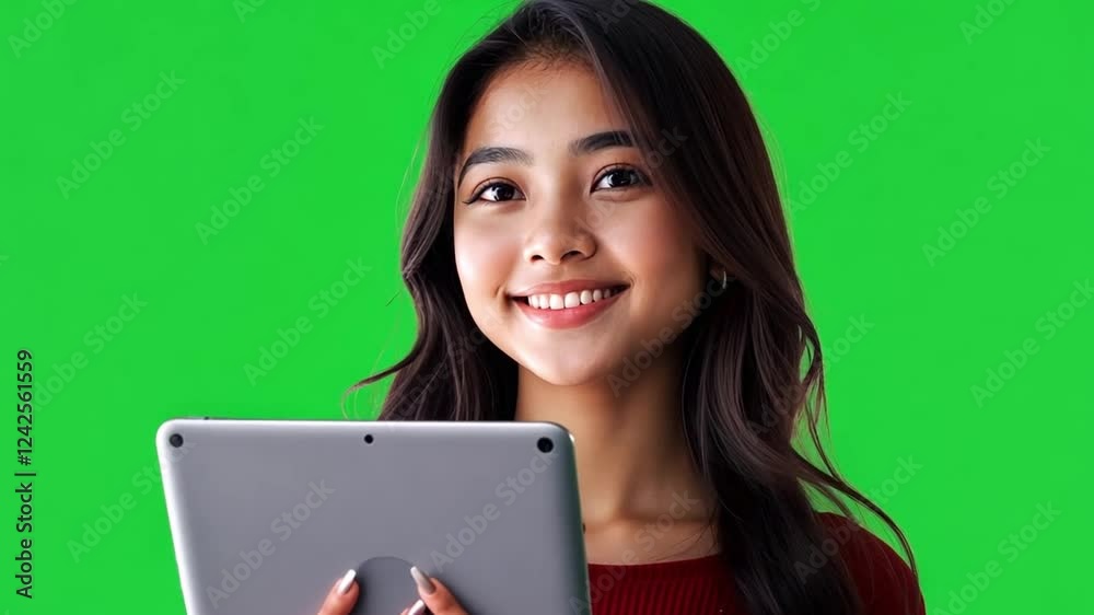 Digital Connection: A young woman with a warm, inviting smile looks directly at the camera, holding a tablet device against a vibrant green backdrop. Her expression conveys a sense of connection. Digital Connection: A young woman with a warm, inviting smile looks directly at the camera, holding a tablet device against a vibrant green backdrop. Her expression conveys a sense of connection.