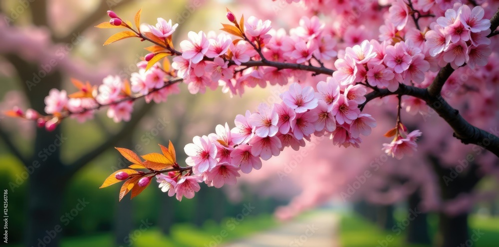 Pink blossoms fill the entire tree as they bloom in spring, flowering trees, greenery Pink blossoms fill the entire tree as they bloom in spring, flowering trees, greenery