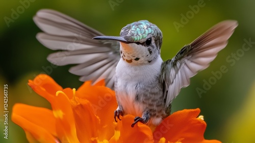A glittering White-chested Emerald hummingbird feeding on an orange Sanchezia flower in bright natural sunlight photo