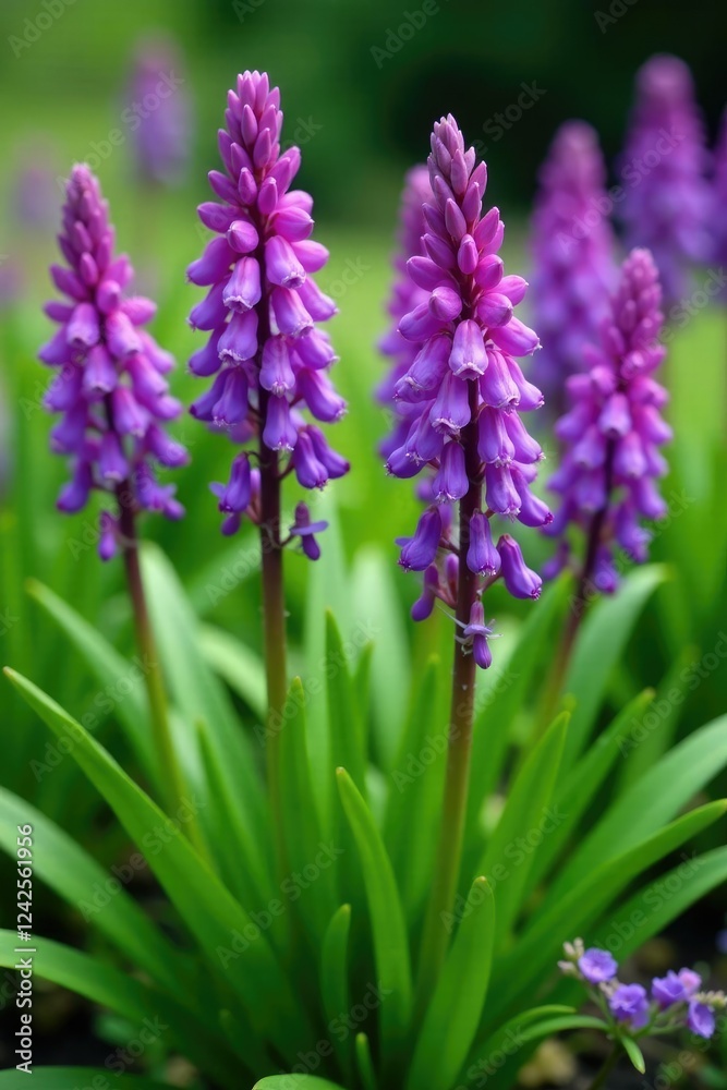 Fototapeta premium Liriope plant in full bloom with purple flowers, purple, perennial, green