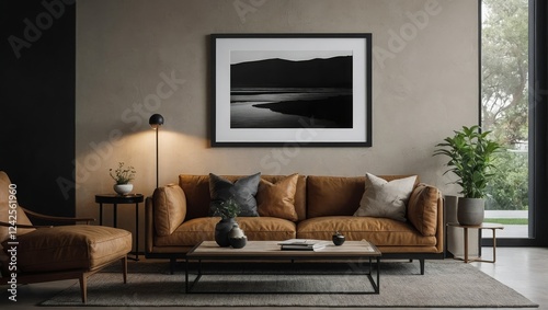 A minimalist horizontal black picture frame mockup mounted on a wall over a large brown sofa