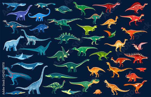 Dinosaur infographics of vector prehistoric dino reptiles. Cartoon corythosaurus, kronosaurus, brontosaurus and styracosaurus dinosaurs infographics. Jurassic carnotaurus, suchomimus and pteranodon photo