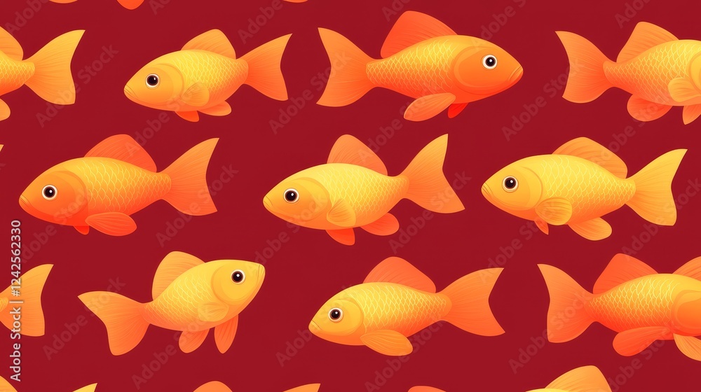 Fototapeta premium Seamless Pattern of Vivid Orange Goldfish on Red