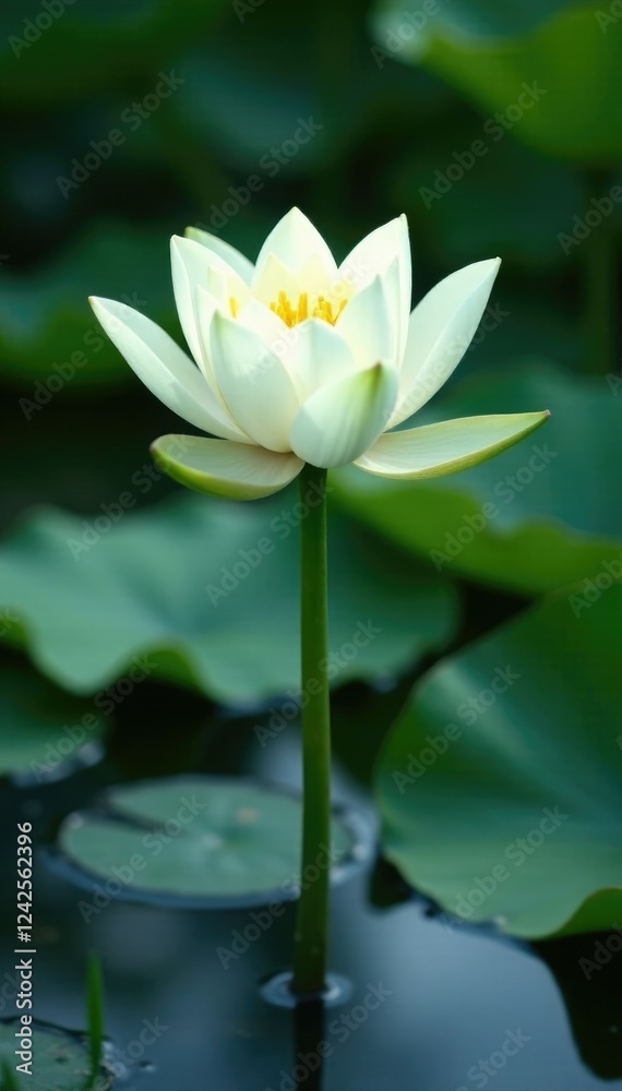 Obraz premium Delicate white lotus bloom rises from serene waters, nature, blooming, water lily