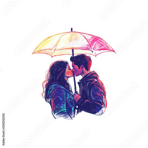 couple kissing under an umbrella hand drawn illustration