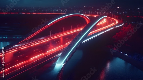 Dynamic light trails on a road, vibrant red and blue streaks, night scene showcasing urban energy and motion.