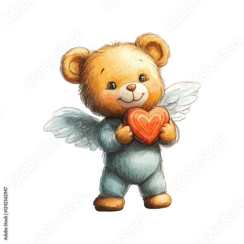 teddy bear holding heart angel hand drawn illustration