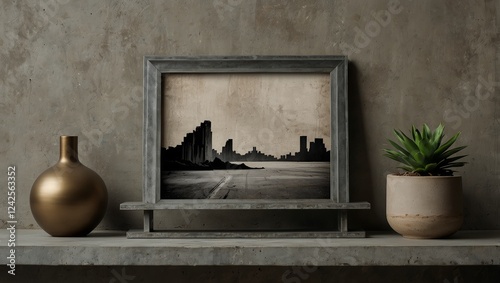 A minimalist landscape picture frame resting on a steel shelf against a backdrop of distressed concrete