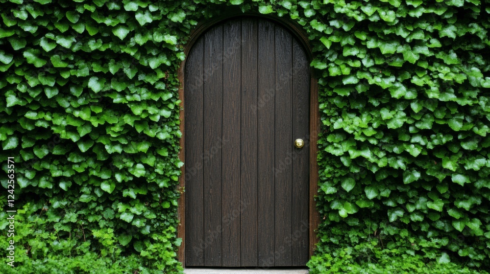 Secluded Wooden Doorway Hidden in Ivy-Covered Wall Secluded Wooden Doorway Hidden in Ivy-Covered Wall