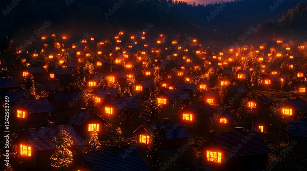 Fototapeta premium Illuminated Village at Night in the Hills