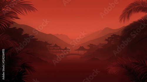 Serene Asian Bridge Sunset Landscape with Palm Trees
