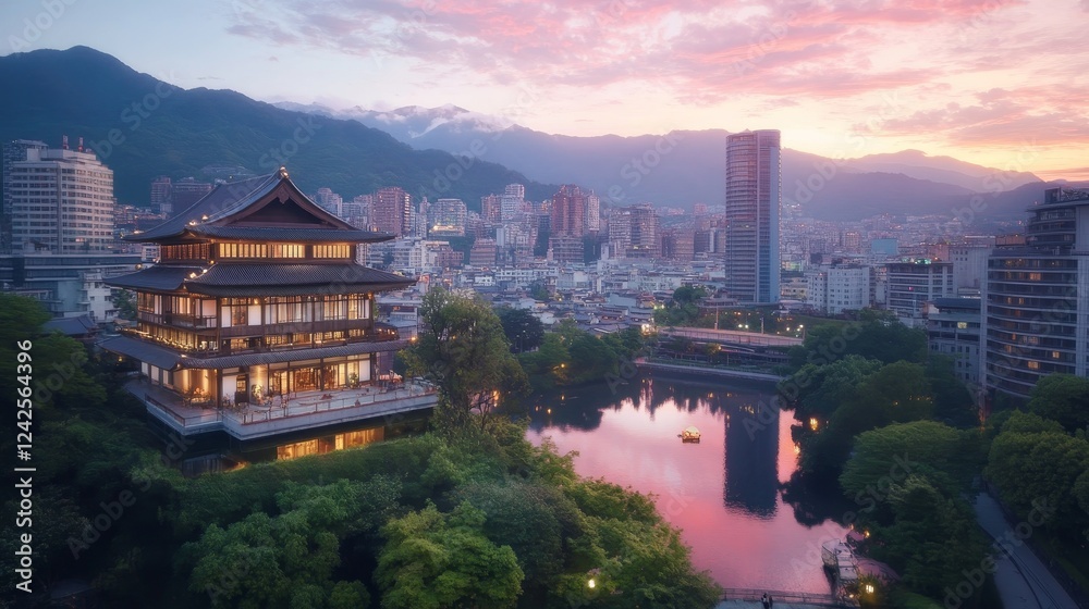 Obraz premium Serene Asian Temple Cityscape Sunset View