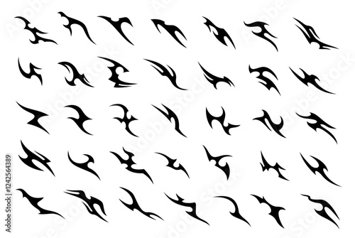 Tribal y2k gothic tattoo set with abstract fire flames patterns. Vector tribal, gothic and grunge ornaments, celtic and maori ethnic pattern elements with spikes and swirls for tattoo or t shirt print