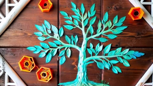 A dynamic video featuring a turquoise tree painted on a cherry wood background, framed by a white lattice and accented with vibrant orange hexagonal florals, slowly 