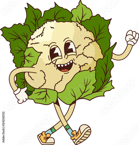Groovy cauliflower cabbage vegetable character with expressive eyes and friendly smile cheerfully strolling. Isolated cartoon vector ripe and raw healthy farm food veg personage exudes playful vibe