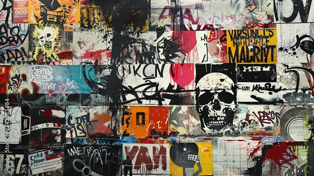 Fototapeta premium Grunge collage with urban textures, graffiti, and rebellious icons