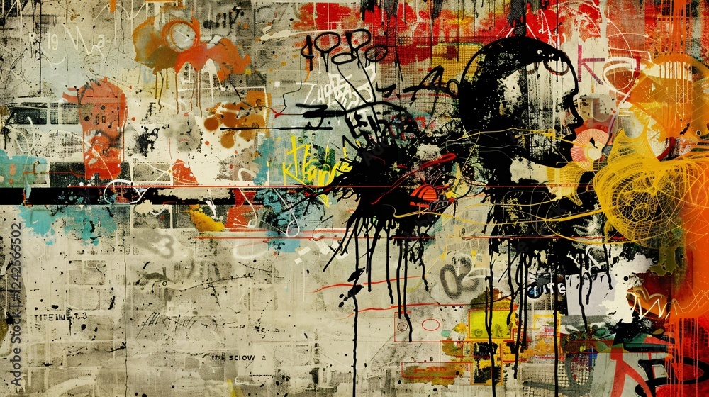 Fototapeta premium Grunge collage with urban textures, graffiti, and rebellious icons