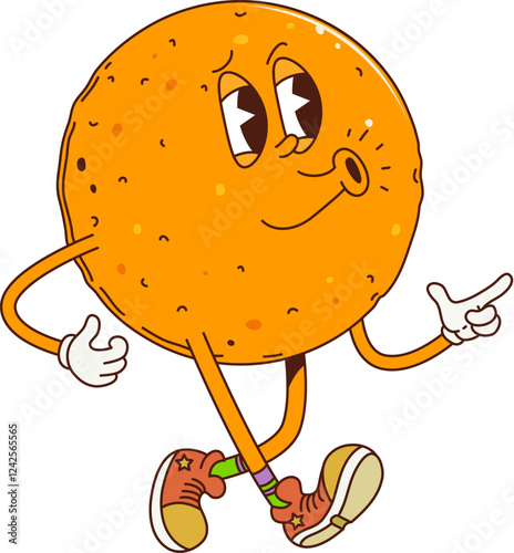 Cartoon retro groovy orange fruit character whistle while walks energetically, exuding sense of excitement and fun. Isolated vector ripe cheerful tropical mandarin citrus fruit personage in sneakers