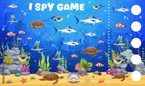 I spy game worksheet with underwater sea animals. Object finding vector puzzle with underwater nature creatures. Counting game, calculating activity with tuna, flying and clown fish, turtle, seaweeds