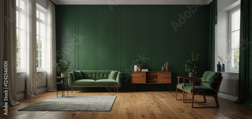 A minimalist yet elegant modern-classic room with beautifully crafted green wall panels and a sleek wooden floor