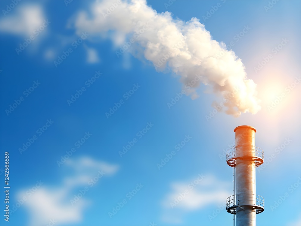 Industrial Smokestack Emitting White Smoke Against a Bright Industrial Smokestack Emitting White Smoke Against a Bright
