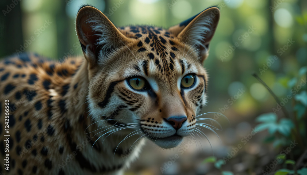 Fototapeta premium close up of wild cat with distinctive spots, showcasing its intense gaze and lush forest background