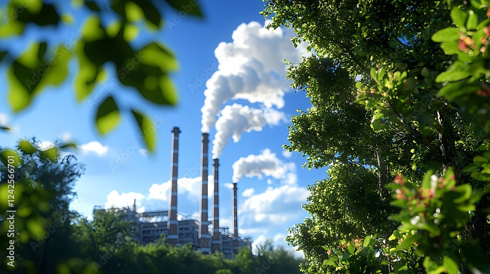 Fototapeta premium Industrial Smokestacks Amidst Lush Greenery