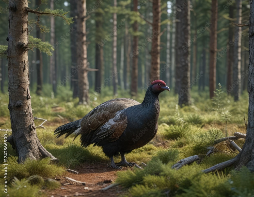 Western capercaillie camouflaged in the forest, spring, animal Western capercaillie camouflaged in the forest, spring, animal