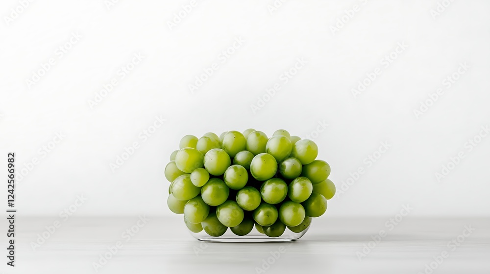 A vibrant cluster of green grapes displayed in a clear glass bowl on a simple white background A vibrant cluster of green grapes displayed in a clear glass bowl on a simple white background