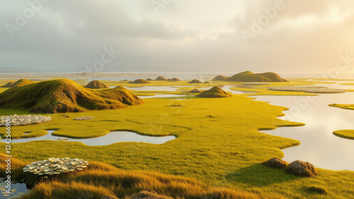 Wetland with peat formation near a Hoo Field Voe on mainland Shetland UK,  lowland wetlands,  acidic water environments,  coastal wetlands photo