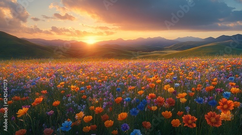 Fototapeta Naklejka Na Ścianę i Meble -  Wildflower meadow sunset over rolling hills