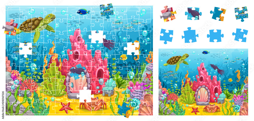 Fototapeta premium Cartoon ocean underwater landscape, jigsaw puzzle game pieces with sea animals, fish and corals. Kids puzzle quiz vector worksheet of ocean bottom background with sea turtle, squid, crab jigsaw pieces