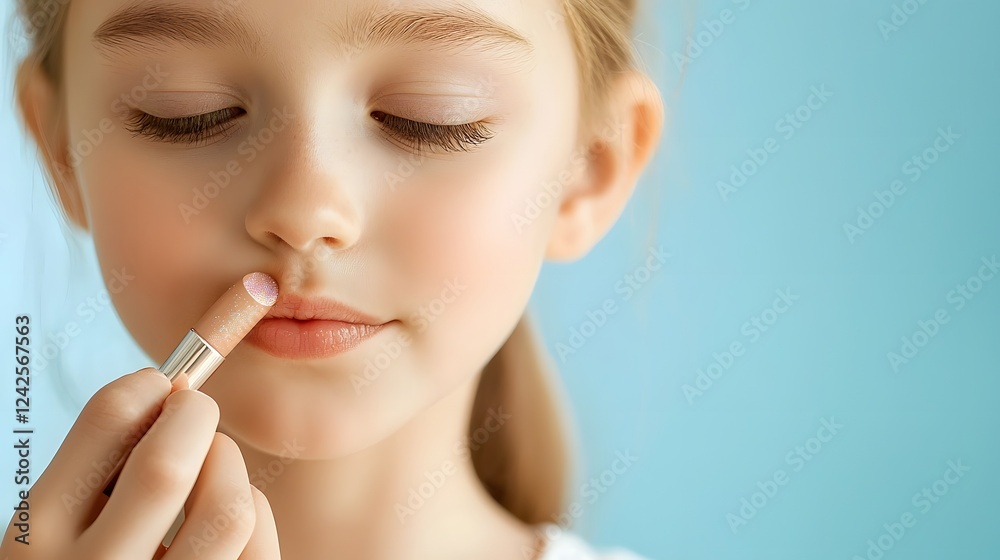 Close up Portrait of a Cute Young Girl Focused on Carefully Applying Lip Gloss with a Gentle and Delicate Expression on Her Soft Innocent Face Close up Portrait of a Cute Young Girl Focused on Carefully Applying Lip Gloss with a Gentle and Delicate Expression on Her Soft Innocent Face