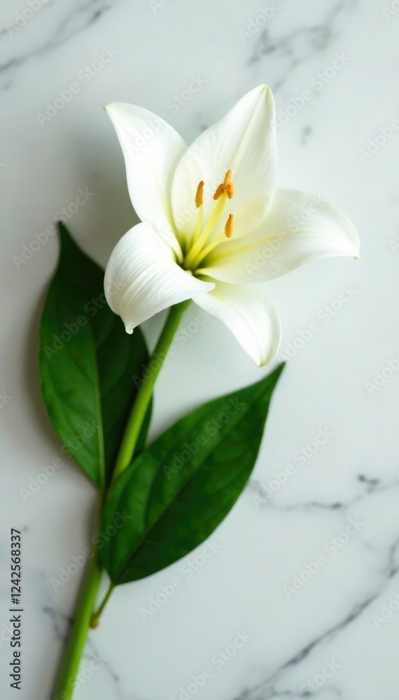 Obraz premium A single white lily with green leaves on a marble table, elegant, floral